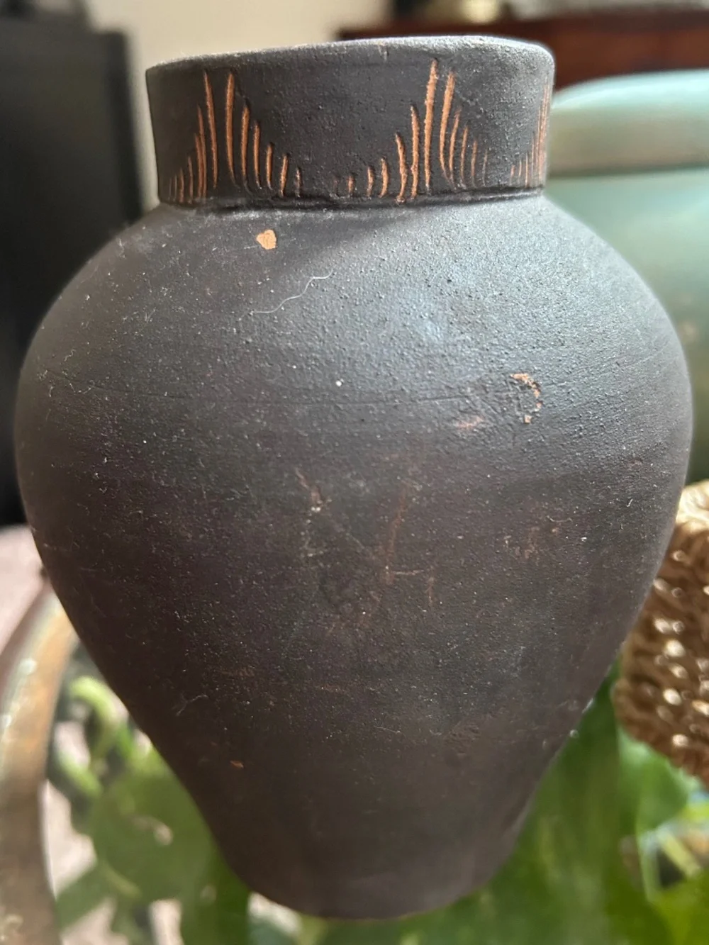Vintage Signed Cuenca Hand Etched Black Studio Pottery Vase Matte Black Sgraffit